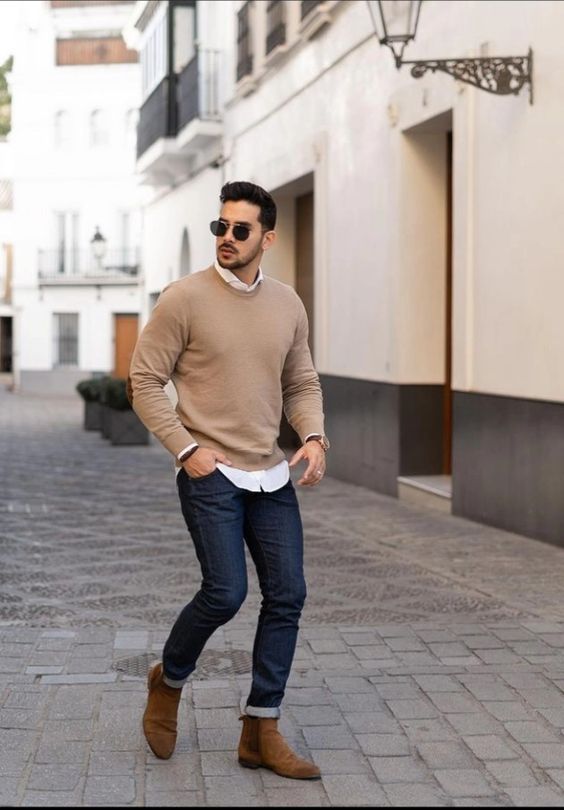 Beige Sweater and Brown Chelsea Boots 